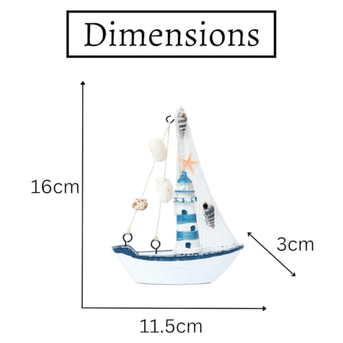 Image of Decorative Sailboat Nautical Model Showpiece - 16x3x11.5 cm | Miniature Sailing Boat Showpiece for Home Decor, Cafe, Office & Table Desk Decoration | Small Size Dark Blue-Light House