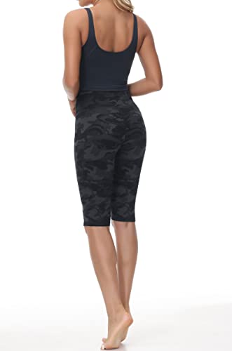 Wjustforu Women Bike Shorts V Cross Waist Knee Length Leggings With Pockets Compression Spandex Capri For Yoga Gym Running (Small, Black-Grey Camo) #TOP2
