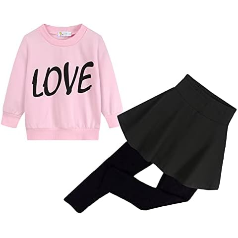 DDSOL Toddler Little Girl Clothes Set Valentine Day Outfit Pink Love Heart Long Sleeve Sweatshirt Top and Pant with Legging Skirt Kid Fall Clothing 2PCS Size 6-7T Cover