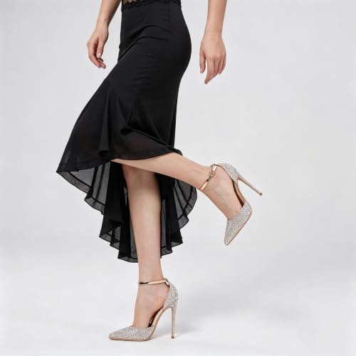 Image of Elisabet Tang 4 Inch Stiletto with Ankle Strap D'Orsay Pumps | Features sparkly rhinestone, pointed toe,secure ankle strap design, perfect for prom, wedding, party