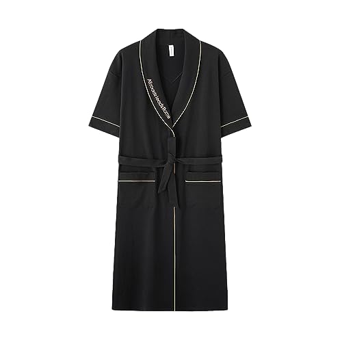 Men's Short Sleeve Bathrobe Lapel Bathrobe Cotton Loose Bathrobe with Pocket Belt