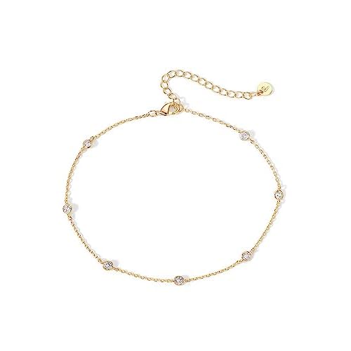 PAVOI 14K Gold Plated Charm Link Chain Anklets for Women | Dainty Cubic Zirconia Boho Dot Evil Eye Star Station Solitaire Pearl Beaded Festival Adjustable Gold Anklets