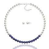 JIBSA 8mm Glass Shell Pearl Necklace Sterling Silver Stud Earring Set - Bridal Wedding Party Sorority Colors Necklace Set
