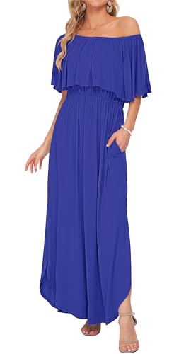 Image of AUSELILY Womens Off Shoulder Ruffle Split Summer Maxi Dresses with Pockets | Off-shoulder Ruffle dress with empire waist & side split for summer beach and casual parties