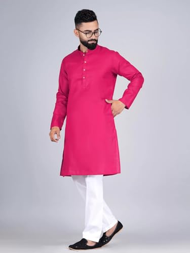 Image of Pinkmint Kurta for Men Cotton Mandarin Collar Long Sleeve Soild Traditional Kurta Festival Kurta