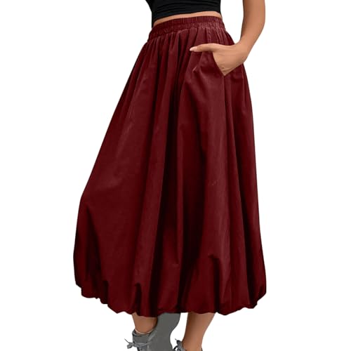 JOAU Women Y2K Bubble Midi Skirt Casual Elastic High Waist Flowy A Line Skirts Summer Ruffle Puffy Balloon Skirt with Pockets