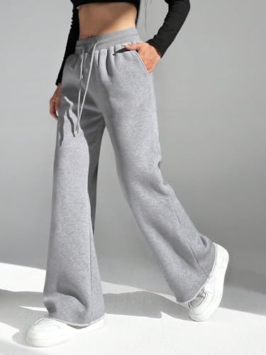 HeSaYep Women's Wide Leg Sweatpants Drawstring Ribbed Waist Baggy Sweat Pants Raw Hem Flared Lounge Pants3