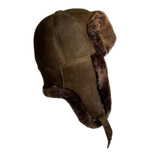 Image of Leather Aviator Russian Ushanka Trapper Shearling Sheepskin Fur Ear Flap Waterproof Winter Hat