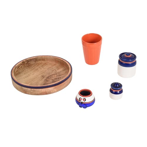 Image of AAKRITI ART CREATIONS Flavor Craft Delights with Tray | Set of 4 Ceramic Achar ki Barni & Mukhwas Box | Includes Glass, Toothpick Holder, Salt & Pepper Shakers & Spoons