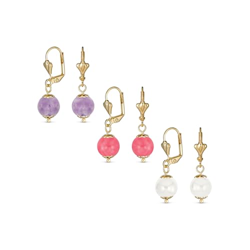 Boucles d'oreilles améthyste et quartz rose pendantes en laiton plaqué or 18K pour femme