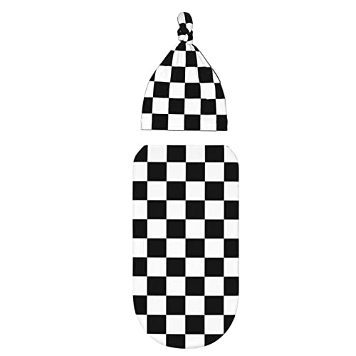 Image of Ykklima Baby Newborn Swaddle Blanket with Beanie Hat- Black White Race Checkered Flag Pattern Receiving Blanket Sleep Sack for Girls Boys Infant Gifts