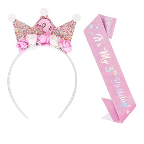 Sztqqing Corona Compleanno 3 Anni Fascia Tiara Cintura Di per Bambina Corona per con Glitter e Fiori Cintura Di per Bambina per Ragazze Decorazioni Festa