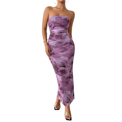 Image of LIGHT DOT Women's Summer Dress Printed Strapless Tube Bodycon Maxi Side Slit Mesh Layered