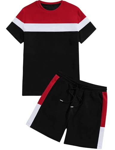 Babioboa Men's Short Sleeve Colorblock T Shirt & Shorts Sweatsuit Set Summer 2 Piece Outfits Casual Athletic Sports Tracksuit