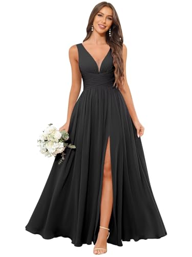 TORYEMY Chiffon Bridesmaid Dresses for Women Long V Neck Formal Evening Dresses with Slit