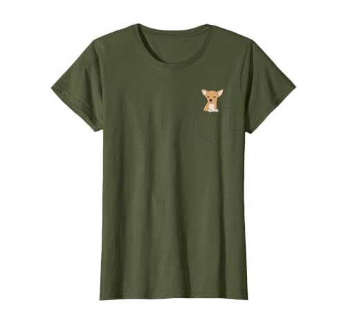 Cute Chihuahua Dog in Pocket Funny Chihuahua T-Shirt, Women, Olive Green, Medium