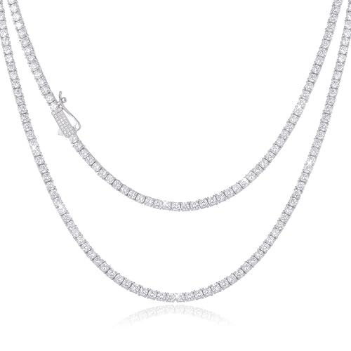 CG&KYGG 3MM Tennis Necklace for Men Women, 18K Real White Gold Plated Iced Out Diamond Chain, Gift for Birthday & Holiday(New Double Safety Cubic Zirconia Clasp, Delicate Packing)