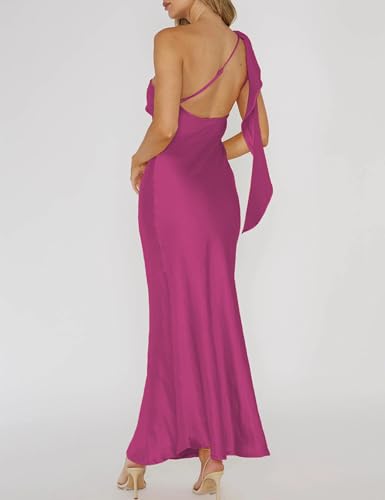 Image of 2026 Satin One Shoulder Maxi Dress for Women Summer Silk Formal Elegant Backless Ruffle Sleeveless Wedding Guest Dresses