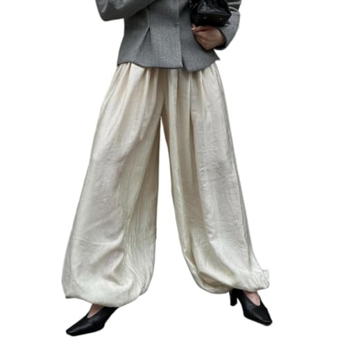 White Lantern Pants Elastic Waist Wide Straight Leg Loose Comfortable Elegant Fall Causal Streetwear Pants