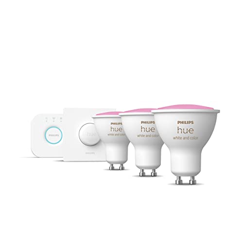 Philips Hue Starterkit - 3 Lampen - GU10 - Wit en Gekleurd Licht - 1 Smart Button - Inclusief Hue Bridge - Dimbaar - Verbind met Bluetooth of Hue Bridge - Werkt met Alexa en Google Home