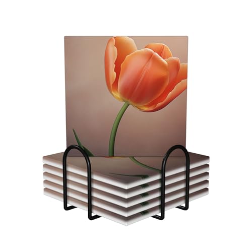 Dessous de verre céramique anti tache et rayure tulipe orange x6