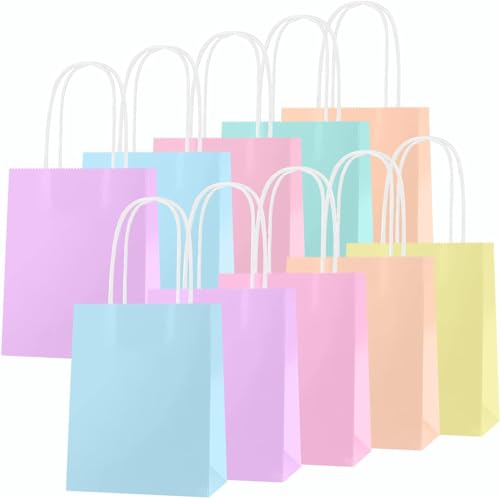 OWill Lot de 10 Sac Cadeau Pastel 21x15x8cm,Sac Kraft avec Poignée,pochette cadeau en Kraft pour Anniversaire enfant,Mariage,Baby Shower, Fête, Emballage Cadeau Noël...