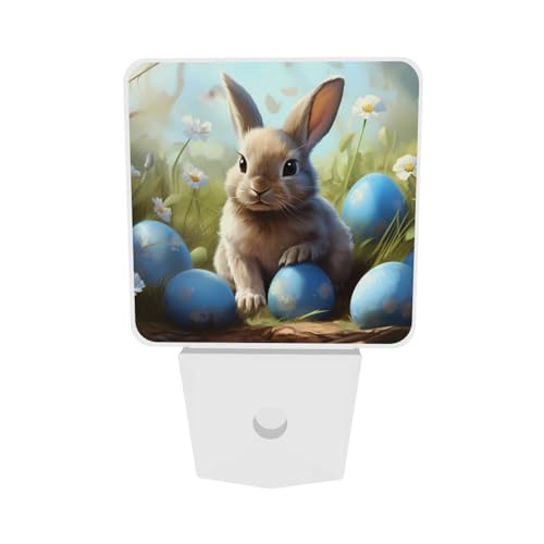 Image of Easter Blue Bunny Eggs LED Plug-in Night Lamp 2 Piece Set, Auto Sensor Nightlights Set of 2 for Bedroom Bathroom