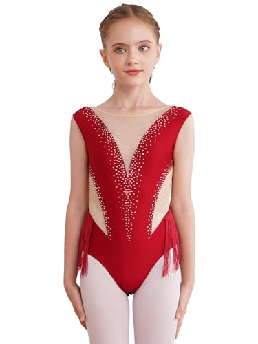 IEFIEL Maillot de Gimnasia Rítmica para Niña Leotardo de Ballet sin Manga con Pedrería Brillante Maillot de Bailarina Disfraz de Baile Competición 1-14 Años S borgoña 10 años