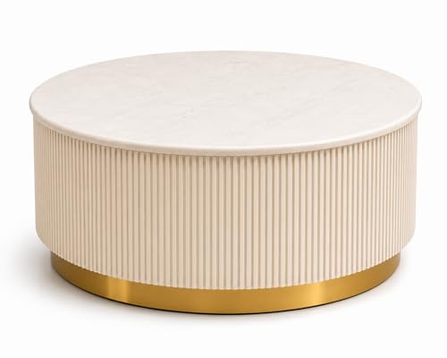 Image of Premium Luxury Marble-Top Wooden Center Table with Louvers & Acrylic Wooden Base | Premium Coffee Table for Living Room & Office (Cream)