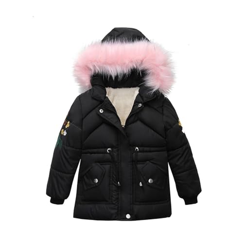 Long Fleece Lined Puffer Jacket for Toddler Girls Faux Fur Hood Floral Embroidered Winter Coat Baby Soft Warm Outerwear