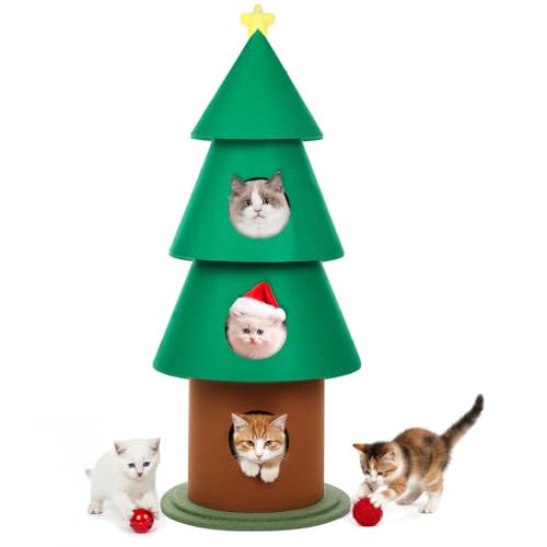 Leinuosen 60 Inch Christmas Cat Tree for Indoor with 3 Condos 5ft Xmas Tall Cat Tree Tower Furniture with Star Topper for Kitty Kitten Christmas Decoration Activity Center Play House