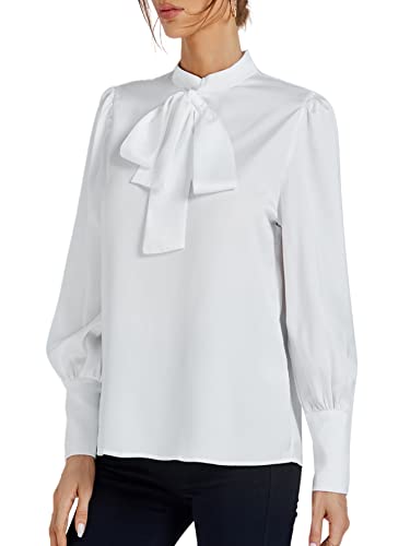 Lyaner Women's Elegant Bow Tie Mock Neck Bow Knot Long Sleeve Work Office Blouse Shirt Top White Small #TOP2
