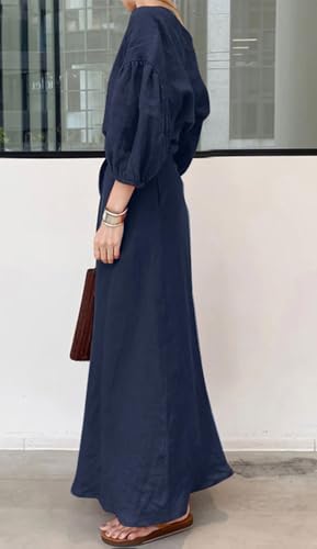 CHARTOU Women Elegant Long Dress Boat Neck 3/4 Lantern Sleeve Cotton Linen Dress with Belt3