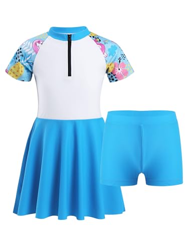 inlzdz Kinder Mädchen Badeanzug Muslim Islamischen Full Cover Bademode Kurzarm Top + Shorts + Badekappe UV-Schutz Burkini Schwimmanzug Type B Blau 146-152