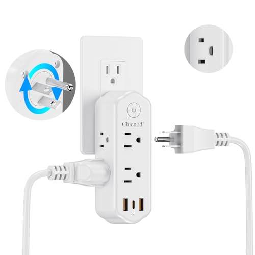 Outlet Extender Surge Protector, 360° Rotating Plug Power Strip with 6 AC Outlets, 3-Sided Space Saving Design, 3 Ports (2 USB-A + 1 USB-C) Multi Plug Expander On/Off Switch for Home, Office, Travel
