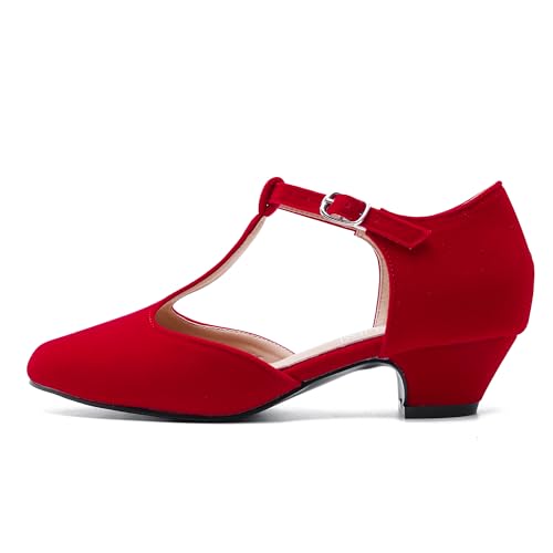 Image of MAIERNISI JESSI Women's T-Strap Mary Jane Pumps, Low Block Heel, Closed Toe, Buckle Ankle Strap