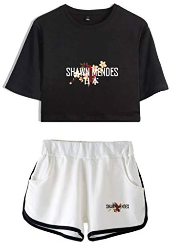Silver Basic Shawn Mendes Musica Crop Top e Pantaloncini Maniche Corte Vintage Tuta Ginnastica Due Pezzi,Nero e Bianco Japan-7,XS