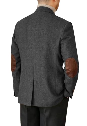 Mens Blazer Vintage Tweed Blend Two Button Sport Formal Coat Jacket with Pocket Square,Elbow Patch