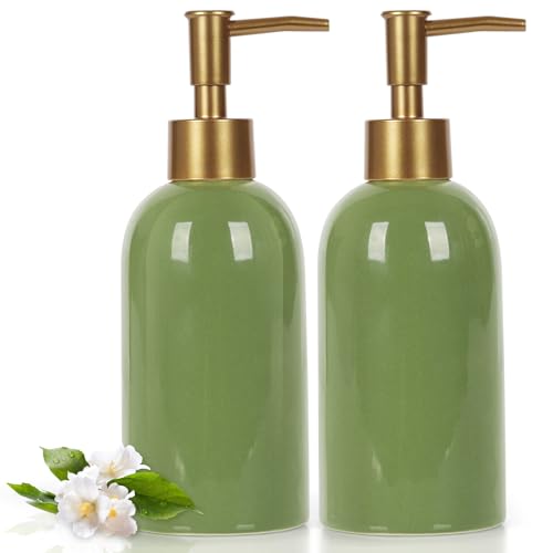 Image of Natheeph 14OZ Ceramic Soap Dispenser, White, Pump Dispenser for Bathroom /Kitchen, 200ml Liquid Capacity (2pc Green) | Refillable Dish Soap, Hand Soap, Wash Gel, Lotion & Liquid, Ceramic, for Bath, Kithen Sink, Laundry Room, Bedroom