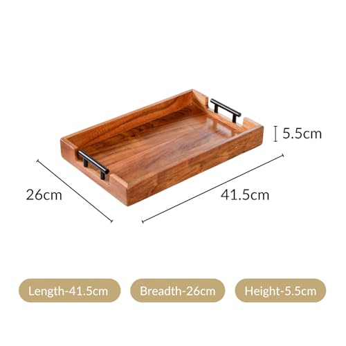 Image of Nestasia Wooden Serving Tray with Handles | Acacia Wood Rectangular Rustic Brown Tray for Dining & Coffee Table | Platter for Serving Tea, Cakes, Snacks, Breakfast & Home Decor