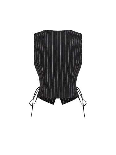 Image of MOD V-Neck Sleeveless Side Tie Waist Straight Pants Black Striped Suit Set,Back To School Preppy Tops 2pcs