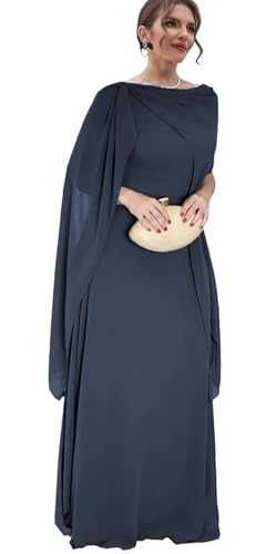 Women's Chiffon Long Mother of The Bride Dresses with Cape Scoop Neck Evening Formal Party Dress for Wedding