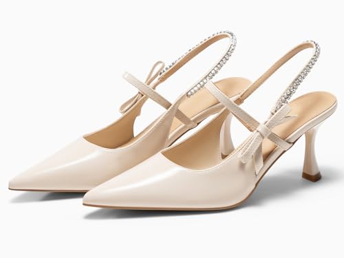 Coutgo Womens Slingback Kitten Heels Mary Jane Shoes Bow Crystal Closed Pointed Toe Pumps Wedding Party Dress Shoes4