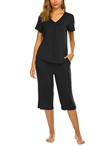 Ekouaer Women's Sleepwear Stretchy Short Sleeve Button Down Top and Capri Pant Pajama Set(Black,Medium)
