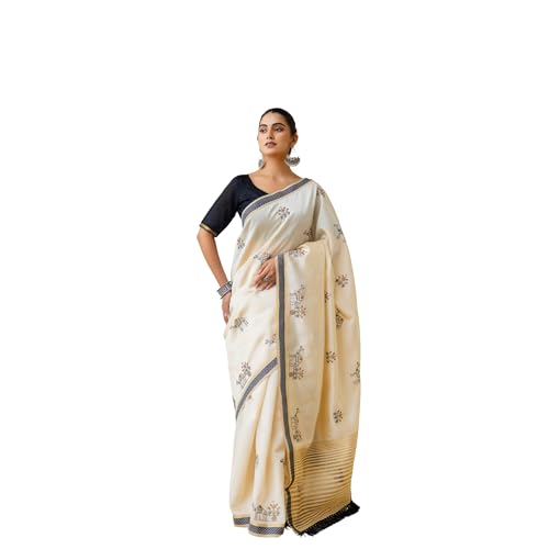 Elegant Cream Cotton Saree with Black Border and Embroidered Floral Design – Traditional Ethnic Wear for Women (Formal)