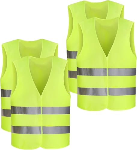 STOUCLA Pack de 4 Chalecos de Alta Visibilidad de tamaño Universal, Coche, Chaleco de Seguridad 360°, Chaleco Reflectante, Lavable, para Ciclistas, Policías, Trabajadores, Conductores