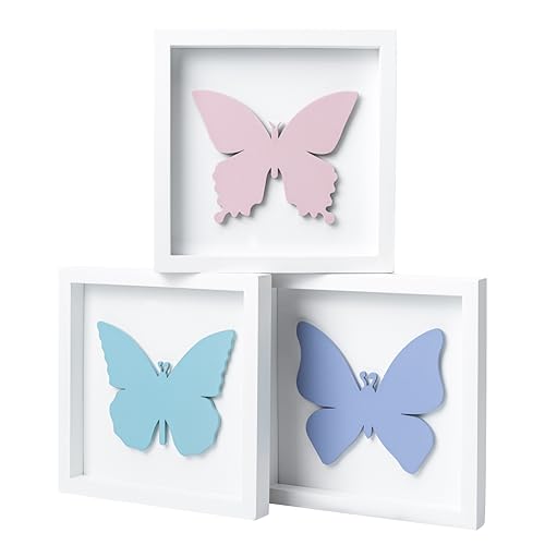 Image of Tide and Tales 3D Butterfly Room Decor for Girls, Set of 3 (7”x7”) Framed Wooden Wall Art for Nursery, Nature-Inspired Bedroom Decorations, Butterfly Decor for Baby Girl, Perfect Baby Gift