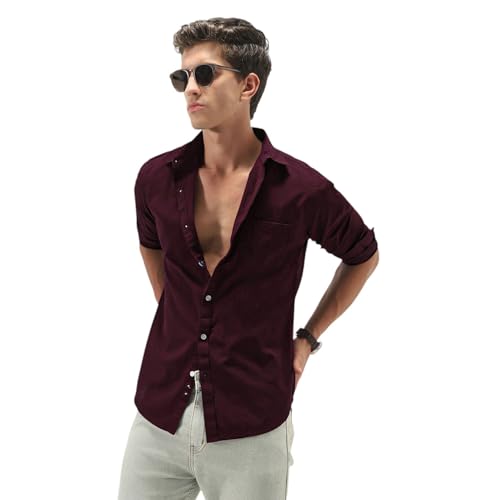 Image of Urbano Fashion Men's Cotton Full Sleeve Regular Fit Casual Solid Slub Shirt with Spread Collar