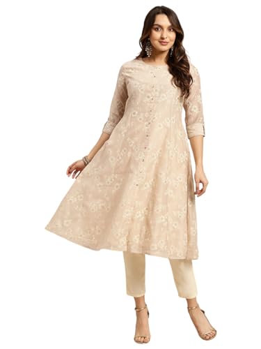 Image of rangita Women's Chanderi Relaxed Fit Flared Calf Length Printed Kurti for | Kurta