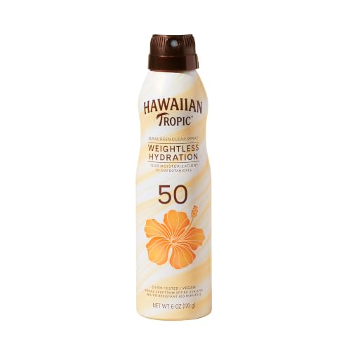Image of Hawaiian Tropic Weightless Hydration SPF 50 Sunscreen Spray, 6 Oz | Clear body sunscreen, Lightweight texture, Water resistant sunblock, Continuous spray application, 12 hour hydration